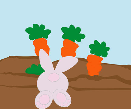 Big white rabbit holding big orange carrot with green cropped top isolated on yellow background. Flat style illustration. Healthy food concept
