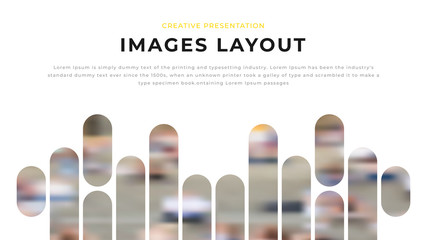 Modern business presentation design with yellow shapes & rounded photos on white background. Editable annual report flyer leaflet corporate presentation banner design template. Simple webpage design