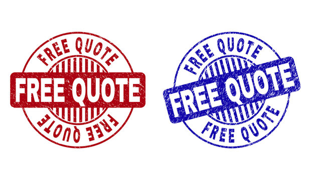 Grunge FREE QUOTE round stamp seals isolated on a white background. Round seals with grunge texture in red and blue colors. Vector rubber imitation of FREE QUOTE title inside circle form with stripes.