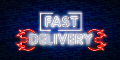 Plakat Fast Delivery neon sign vector. Delivery concept Design template neon sign, light banner, neon signboard, nightly bright advertising, light inscription. Vector illustration