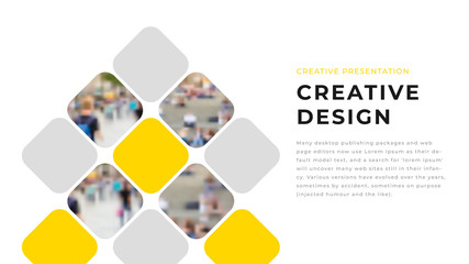 Modern business presentation design with yellow shapes & photos on white background. Editable annual report flyer leaflet corporate presentation banner design template. Simple webpage design