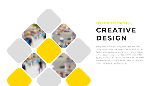 Modern business presentation design with yellow shapes & photos on white background. Editable annual report flyer leaflet corporate presentation banner design template. Simple webpage design