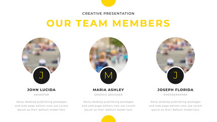 Three team members info business presentation design with rounded photos. Editable annual report flyer leaflet corporate presentation banner design template. Simple webpage design