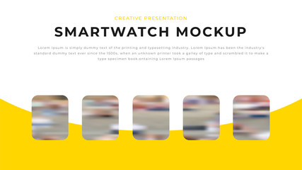 Smart Watch with 5 option presentation design with yellow shapes & photos on white background. Editable annual report flyer leaflet corporate presentation banner design template. Simple webpage design