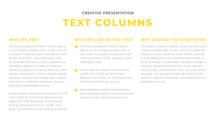Modern text columns business presentation design on white background. Editable annual report flyer leaflet corporate presentation banner design template. Simple webpage design