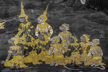 The Ramakien (Ramayana) mural paintings along the galleries of the Temple of the Emerald Buddha, grand palace or wat phra kaew Bangkok Thailand © Weerayuth