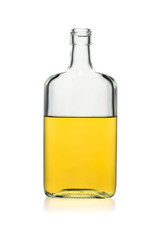 Incomplete bottle of whiskey rectangular isolated on a white background.100 sharpness.
