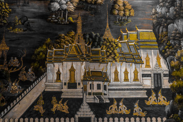 The Ramakien (Ramayana) mural paintings along the galleries of the Temple of the Emerald Buddha, grand palace or wat phra kaew Bangkok Thailand