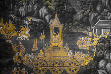 The Ramakien (Ramayana) mural paintings along the galleries of the Temple of the Emerald Buddha, grand palace or wat phra kaew Bangkok Thailand © Weerayuth