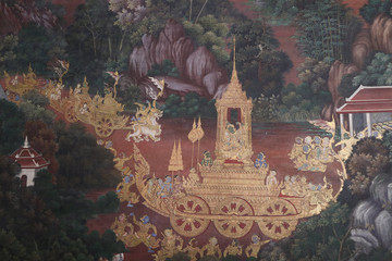 Obraz premium The Ramakien (Ramayana) mural paintings along the galleries of the Temple of the Emerald Buddha, grand palace or wat phra kaew Bangkok Thailand