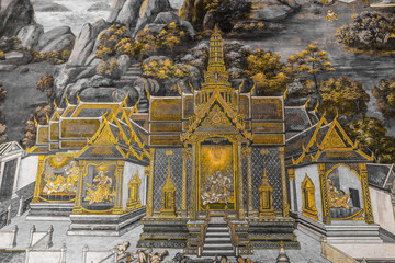 The Ramakien (Ramayana) mural paintings along the galleries of the Temple of the Emerald Buddha, grand palace or wat phra kaew Bangkok Thailand