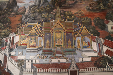 The Ramakien (Ramayana) mural paintings along the galleries of the Temple of the Emerald Buddha, grand palace or wat phra kaew Bangkok Thailand