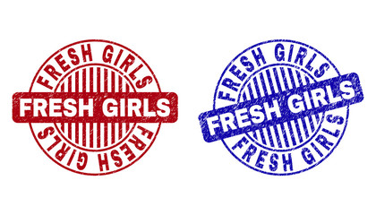 Grunge FRESH GIRLS round stamp seals isolated on a white background. Round seals with grunge texture in red and blue colors.