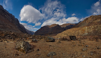 Lifeless spring in the Altai mountains. Russia. The valley of the Chulyshman river flows into Teletskoye lake.