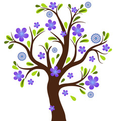 Old spring tree with purple watercolor flowers.