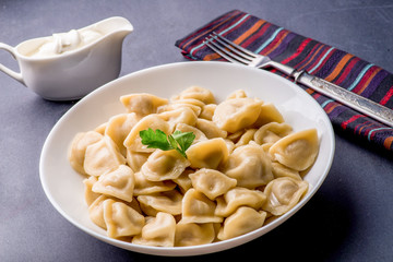 boiled dumplings with filling and sauce on the plate. Steam over a plate