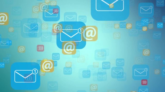 Digital animation of e-mail envelopes floating everywhere on blue background