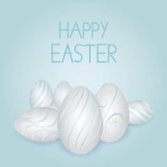 Happy Easter banner with realistic  eggs on blue background. 