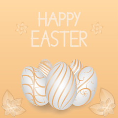 Happy Easter banner with realistic  eggs on beige background. 