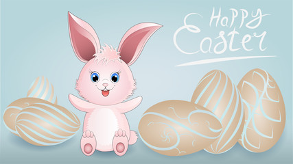 Happy Easter banner with realistic  eggs on beige background. 
