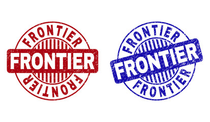 Grunge FRONTIER round stamp seals isolated on a white background. Round seals with grunge texture in red and blue colors. Vector rubber watermark of FRONTIER tag inside circle form with stripes.