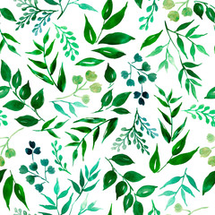 Seamless pattern of green leaves, herbs, tropical plant hand drawn watercolor  .Fresh beauty rustic eco friendly background.