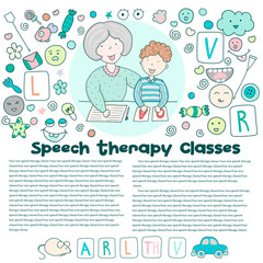 Concept article speech therapy. Classes with speech therapist and set of cute kawaii icons. Staging sounds. Children vector illustration in cartoon style