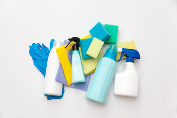 Detergents and cleaning accessories. Cleaning service concept. 