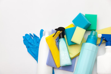 Detergents and cleaning accessories. Cleaning service concept. 