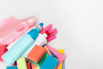 Detergents and cleaning accessories. Cleaning service concept. 