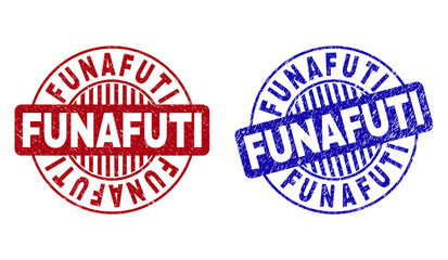 Grunge FUNAFUTI round stamp seals isolated on a white background. Round seals with grunge texture in red and blue colors. Vector rubber imprint of FUNAFUTI title inside circle form with stripes.