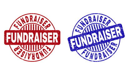 Grunge FUNDRAISER round stamp seals isolated on a white background. Round seals with grunge texture in red and blue colors. Vector rubber watermark of FUNDRAISER label inside circle form with stripes.