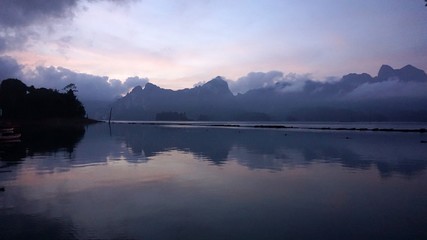tropical landscape on chiao lan lake in khao sok
