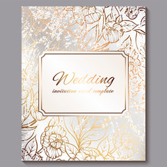 Exquisite royal luxury wedding invitation, gold on white background with frame and place for text, lacy foliage made of roses or peonies with golden shiny gradient.