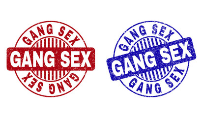 Grunge GANG SEX round stamp seals isolated on a white background. Round seals with distress texture in red and blue colors. Vector rubber overlay of GANG SEX caption inside circle form with stripes.