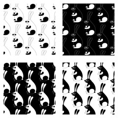 Cute cartoon hipster rabbit pattern set with rabbit in sunglasses. Sweet vector black and white hipster rabbit pattern set. Seamless monochrome doodle hipster rabbit pattern set for textile and cards.