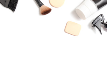 Set of professional decorative cosmetics, makeup and beauty tools and accessory on white background with copy space - beauty, fashion, party and shopping concept, flat lay