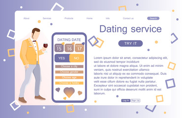 Landing page of dating service. Concept of web page design for website and mobile website. Vector illustration in flat style.