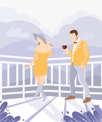 Girl in a hat on the balcony next to a guy with a glass of red wine on a background of mountains. Illustration in flat style.