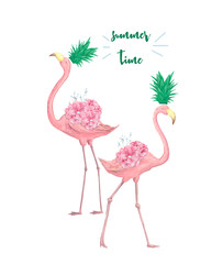 Couple pink flamingos. Watercolor cute two pink flamingo. Tropical print for invitation, birthday, celebration, greeting card. illustration