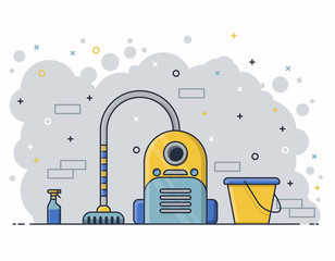 Vacuum cleaner, bucket and spray cleaner. Flat design illustration. Set of linear illustrations.