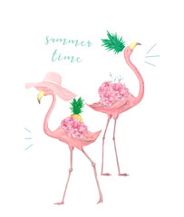 Couple pink flamingos. Watercolor cute two pink flamingo. Tropical print for invitation, birthday, celebration, greeting card. illustration