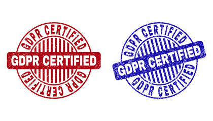 Grunge GDPR CERTIFIED round stamp seals isolated on a white background. Round seals with grunge texture in red and blue colors.