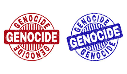 Grunge GENOCIDE round stamp seals isolated on a white background. Round seals with grunge texture in red and blue colors. Vector rubber watermark of GENOCIDE label inside circle form with stripes.