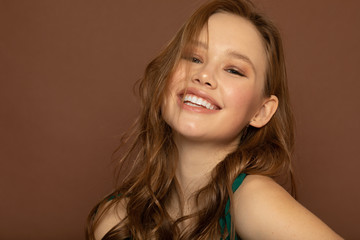 Positive, cheerful, funny, comic, fresh laughing natural nude girl with white teeth fresh cavity...