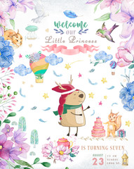 Cute happy birthday card with cartoon Deer. Watercolor fairy clip art and beauty boho pink flowers, floral. lamp light and leaf for greeting card on white background.