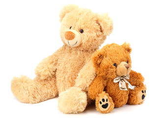 Two toy teddy bears isolated on white background