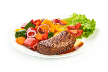 Grilled barbecue beef steak with vegetables, fried meat, close-up, close-up, isolated on white background