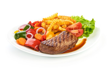 Grilled barbecue beef steak with french fries and vegetables, fried meat, close-up, close-up, isolated on white background