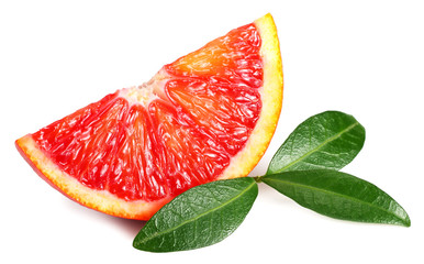 Slice of red blood orange with leaf isolated on white background